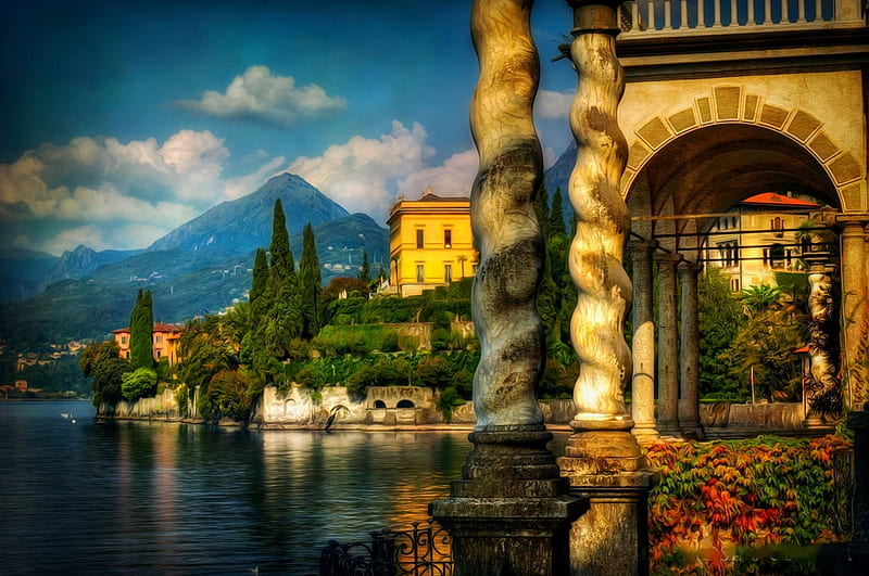 Lake Como, Italy, building, arch, mountains, Varenna, clouds, sky, HD wallpaper