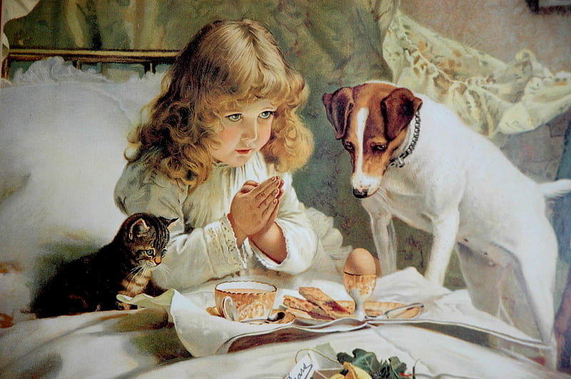 Suspense * For TEDISOO, art, food, breakfast, suspense, cat, bed, sweet, girl, painting, pray, kitten, puppy, dog, HD wallpaper