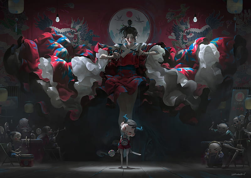 Life is like a movie, art, red, frumusete, puppet, luminos, puppeteer, black, horns, demon, fantasy, girl, instruments, asian, white, zeen chin, blue, orchestra, HD wallpaper