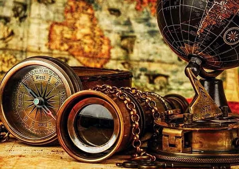 Vintage, chain, globe, telescope, compass, HD wallpaper