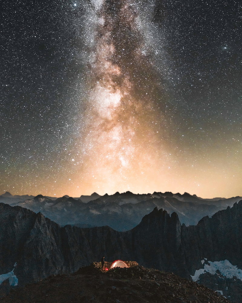 camping, tent, starry sky, stars, rocks, HD phone wallpaper