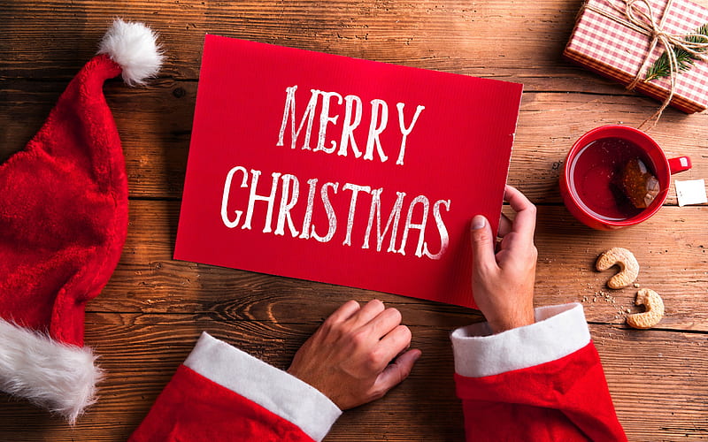 Merry Christmas, New Year, Santa Claus, red plate, Christmas, HD wallpaper