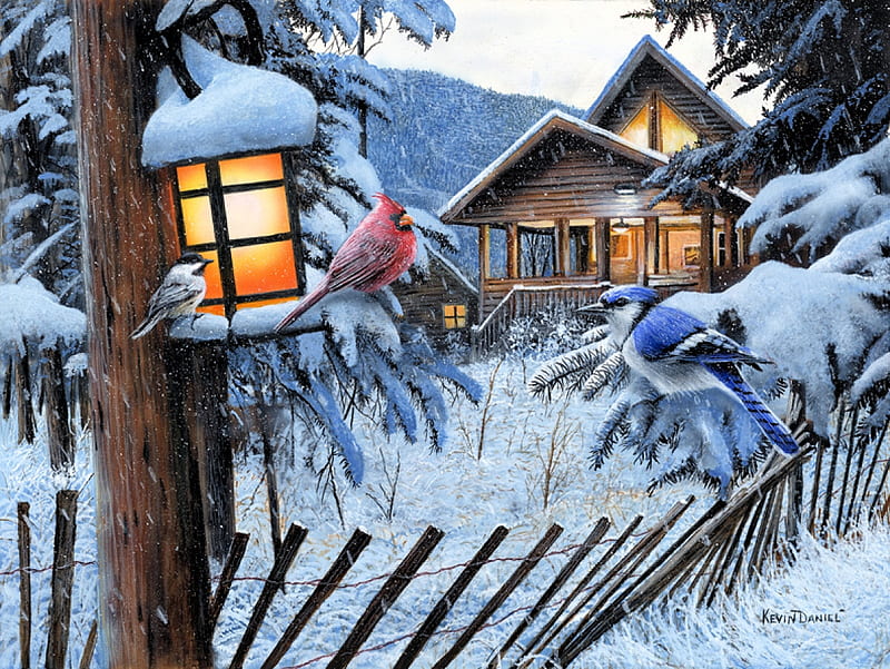 Winter Beacon, mountains, birds, bluejay, trees, cardinal, cottage, artwork, snow, chickadee, painting, HD wallpaper