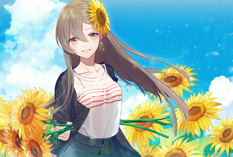 Anime, Original, Brown Hair, Girl, Sunflower, Yellow Eyes, HD wallpaper