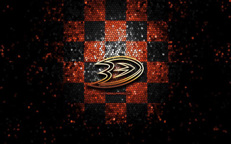 Anaheim Ducks, glitter logo, NHL, orange black checkered background, USA, american hockey team, Anaheim Ducks logo, mosaic art, hockey, America, HD wallpaper