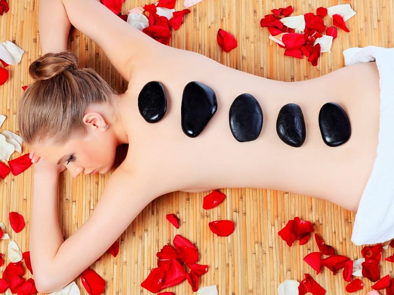 Spa Treatment, treatment, stone, black, spa, blonde, petals, lady, woman, HD wallpaper