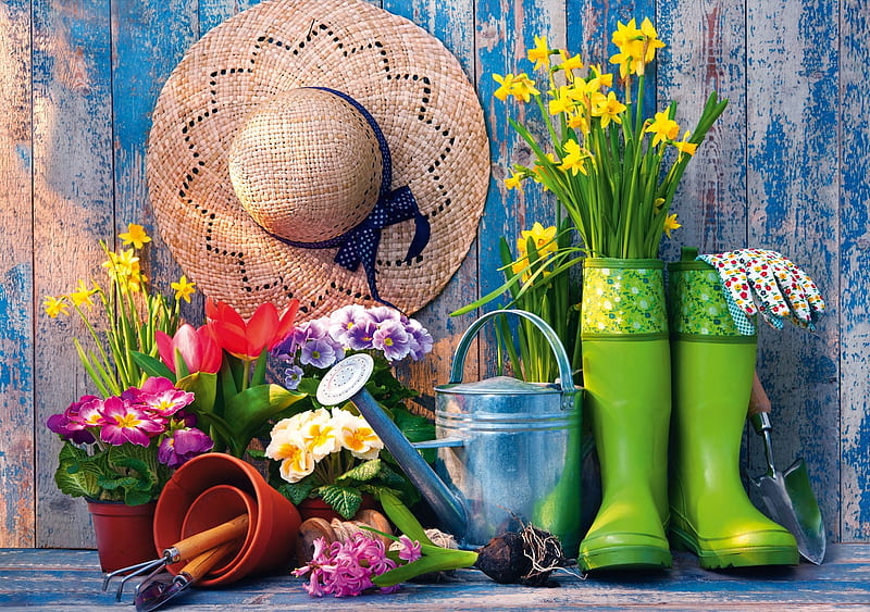 Ready for the garden, flowers, watering can, boots, hat, pots, HD wallpaper