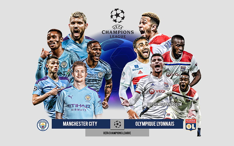 Manchester City vs Olympique Lyonnais, UEFA Champions League, Preview, promotional materials, football players, Champions League, football match, logos, HD wallpaper