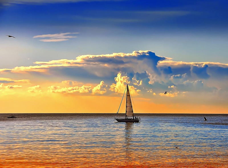 Beautiful as a Painting, orange, yachting, yellow, surf, clouds, beach, nice, boat, fishman, sunriswes, rivers, paint, yacht, sky, surfing, lagoons, water, cool, beaches, paradise, seascape, white, sailing, bonito, sea, sail, sunsets, painting, mirror, blue, horizon, lakes, day, island, nature, HD wallpaper