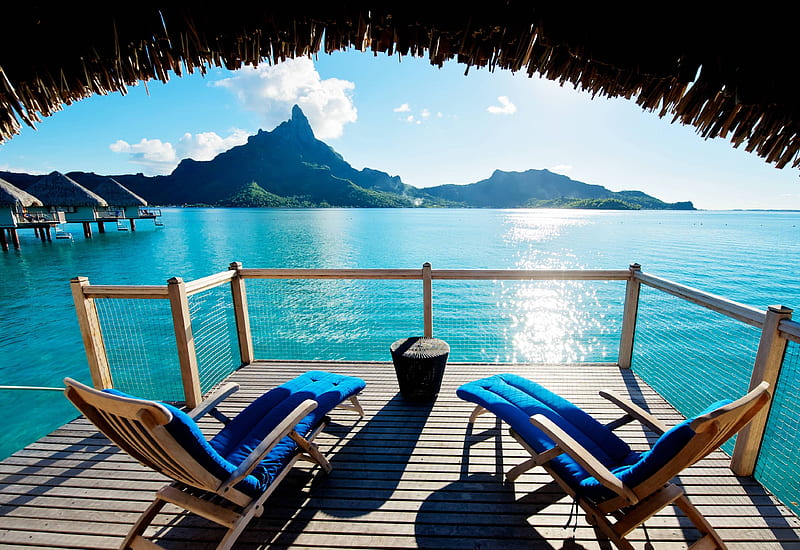 Bora Bora View , polynesia, bungalow, villa, sea, atoll, beach, lagoon, bora bora, south pacific, blue, islands, view, ocean, water, paradise, island, tahiti, tropical, HD wallpaper