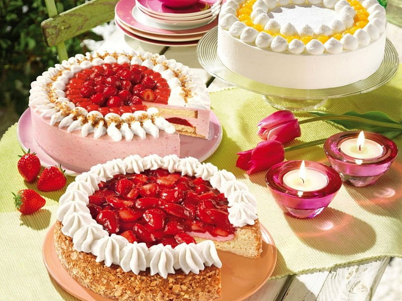 Strawberry cake, cake, nuts, hiloday, strawberry, whipped cream, tulips, catering, HD wallpaper