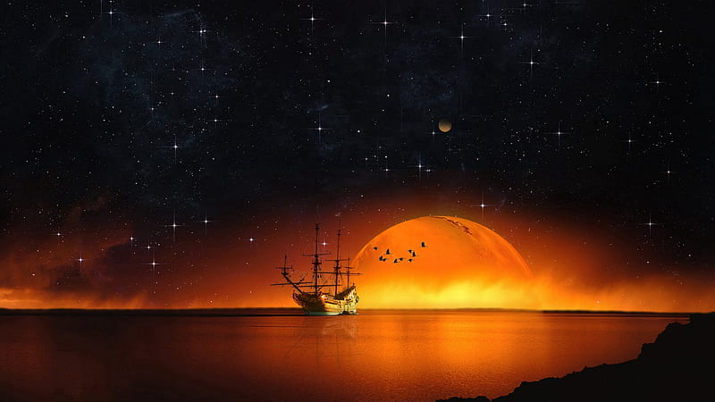 :-), orange, ship, johndoop, sky, night, sea, stars, moon, fantasy, water, moon, HD wallpaper