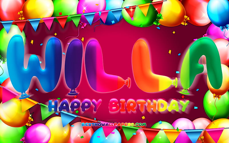 Happy Birtay Willa colorful balloon frame, Willa name, purple background, Willa Happy Birtay, Willa Birtay, popular american female names, Birtay concept, Willa, HD wallpaper