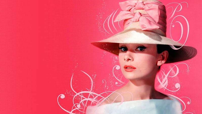 Audrey Hepburn, woman, actress, hat, white, girl, pink, HD wallpaper