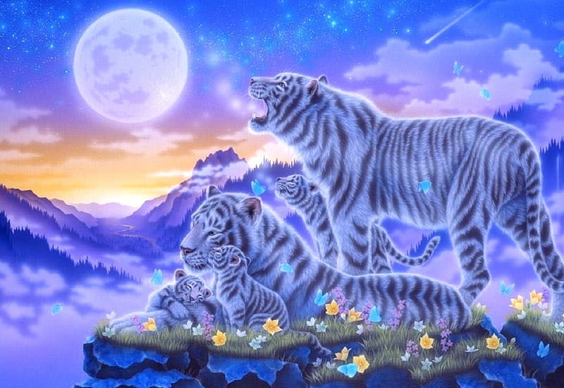 Tiger Family Time, moons, family, tigers, love four seasons, butterflies, spring, big wild cats, paintings, mountains, flowers, butterfly designs, animals, HD wallpaper