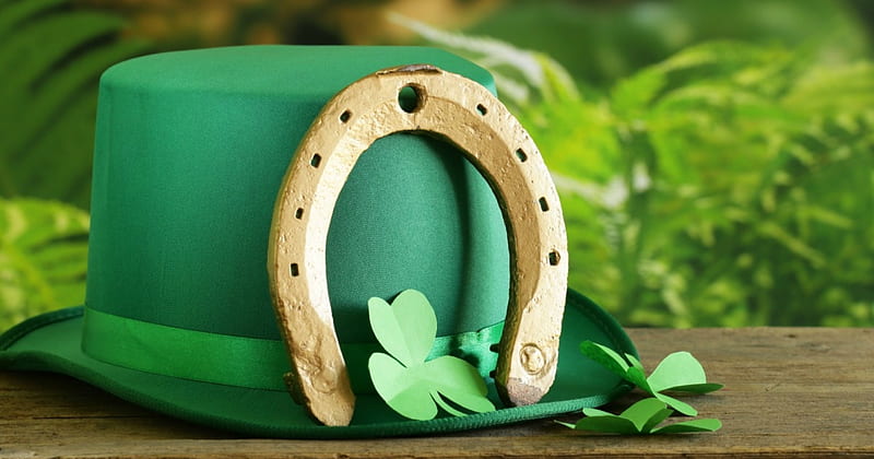 Luck of the Irish, clovers, gold, Saint Patricks Day, horseshoe, green, shamrocks, Patricks Day, hat, HD wallpaper