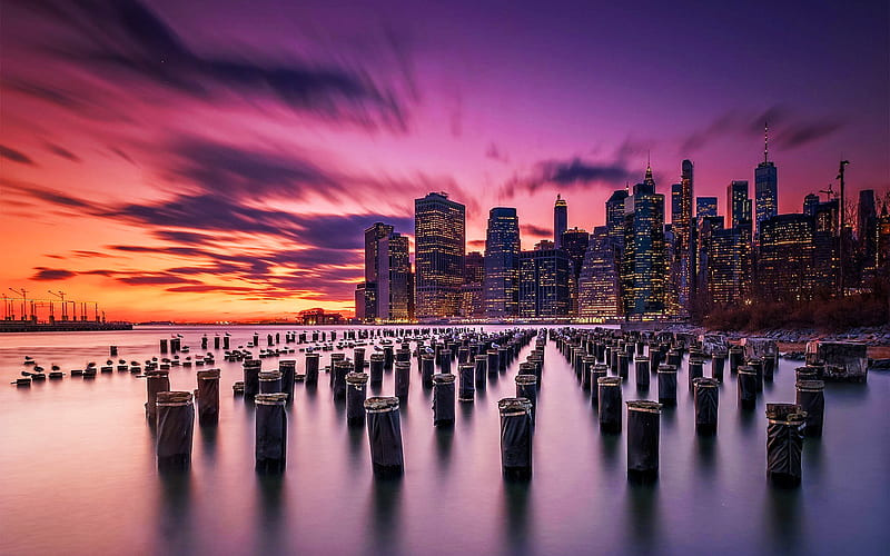 New York, old pier, sunset, american cities, NYC, USA, America, New York in evening, HD wallpaper