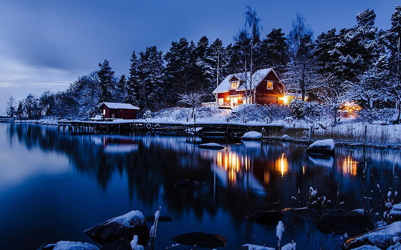Winter Lake, Sweden, Snow, Blue, Cabin, Dusk, HD wallpaper