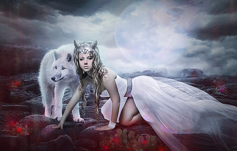Like the Moonlight, wolf, clouds, white, girl, HD wallpaper
