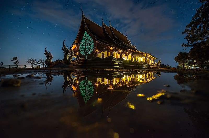 Reflection, Temple, Thailand, Temples, Religious, Wat Sirindhorn Wararam Phu Prao, HD wallpaper