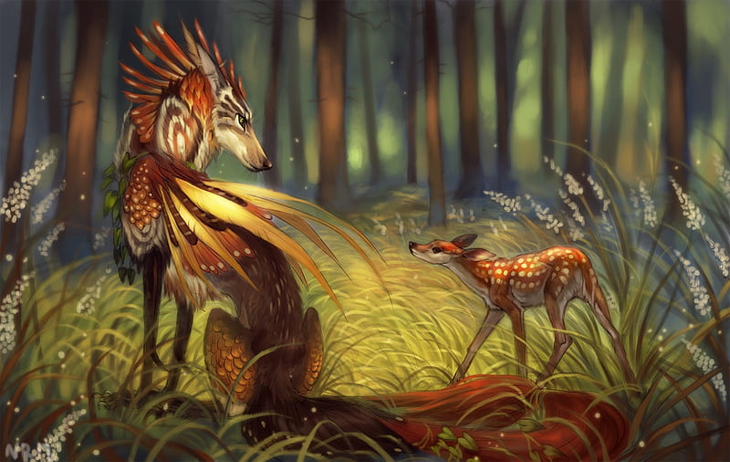 Roux, forest, luminos, animal, deer, fantasy, feather, lup, wolf, nukerooster, HD wallpaper