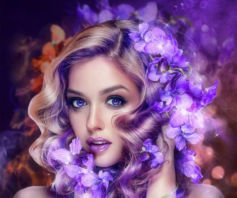 Aroma of Purple, violets, love four seasons, spring, creative pre-made, woman, digital art, fantasy, manipulation, purple, people, weird things people wear, flowers, HD wallpaper