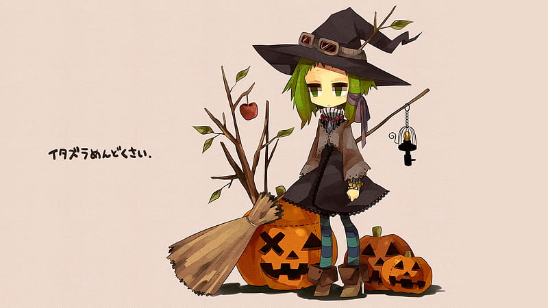 anime girl, halloween 2018, witch hat, broom, pumpkins, Anime, HD wallpaper