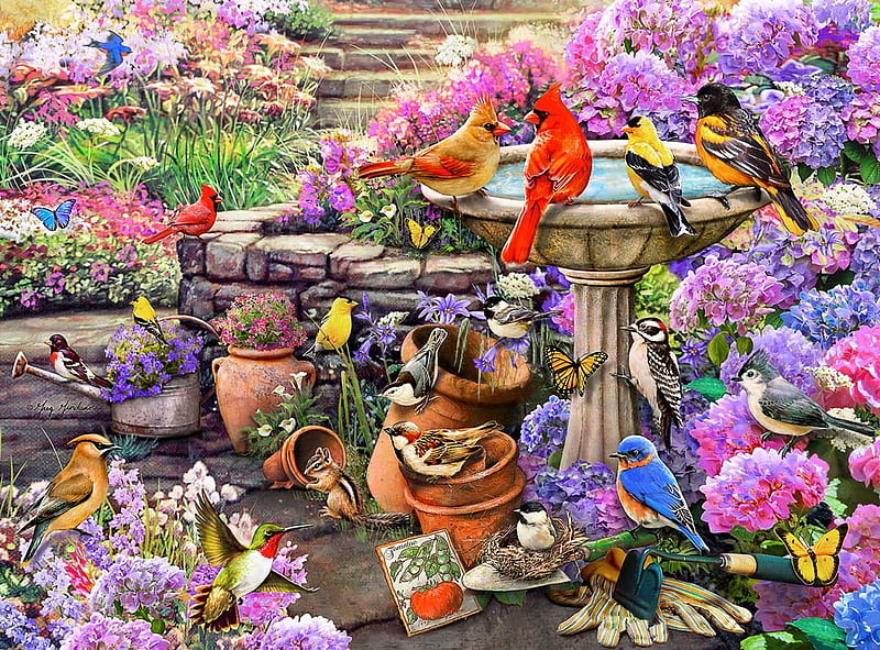 Birdbath Garden, flloral, wild, birds, flowers, jigsaw, bath, puzzle, HD wallpaper
