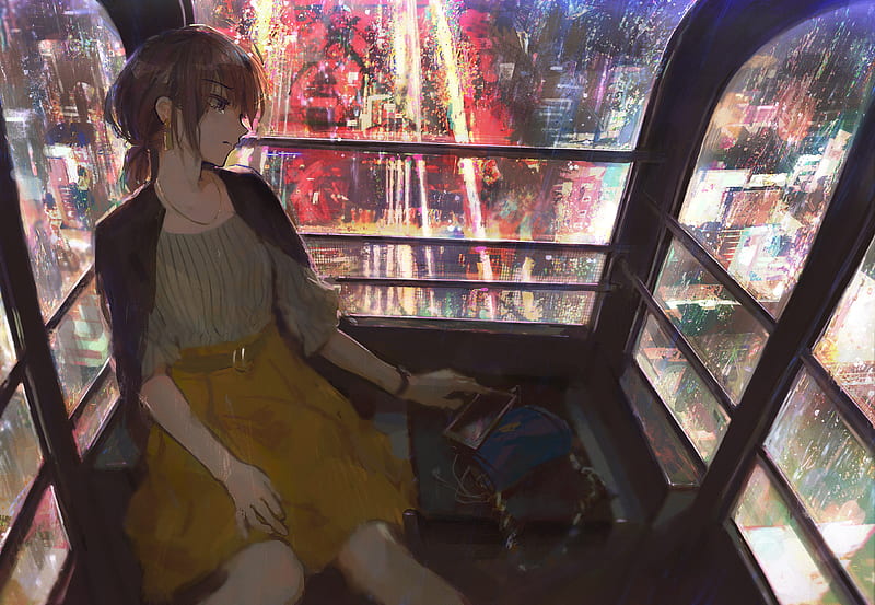 anime girl, ferris wheel, moody, sadness, loneliness, night, Anime, HD wallpaper