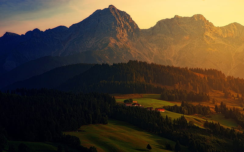 Alps, mountain landscape, sunset, evening, forest, mountain village, houses, HD wallpaper