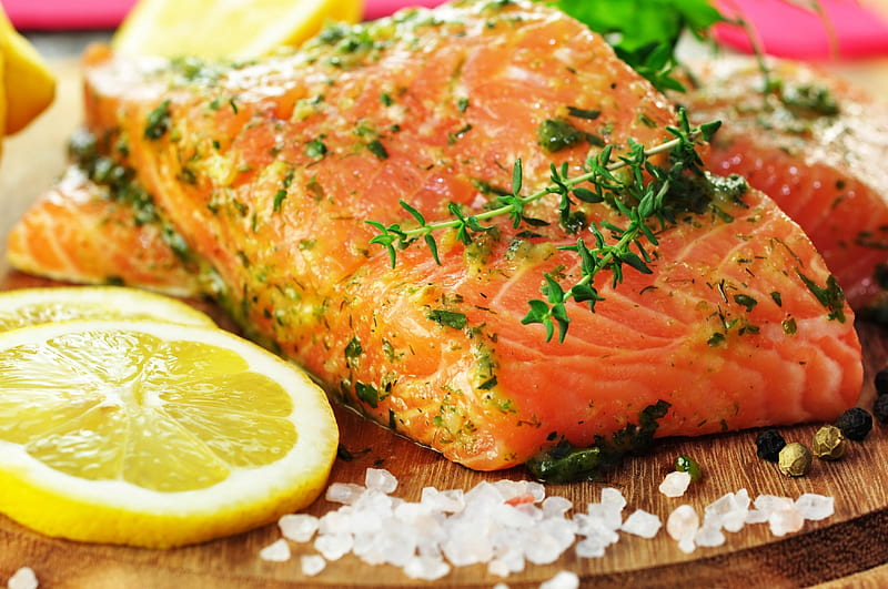 Salmon, dish, delicious, food, fish, herbs, spice, salt, lemon, HD wallpaper