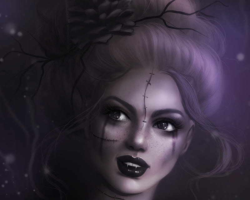 Witch, fantasy, purple, girl, sandramalie, face, portrait, HD wallpaper