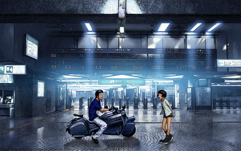 Range Murata and Makoto Shinkai, guy, woman, city, makoto, anime, bike, night, art, female, male, man, range, girl, dark, station, murata, shinkai, HD wallpaper