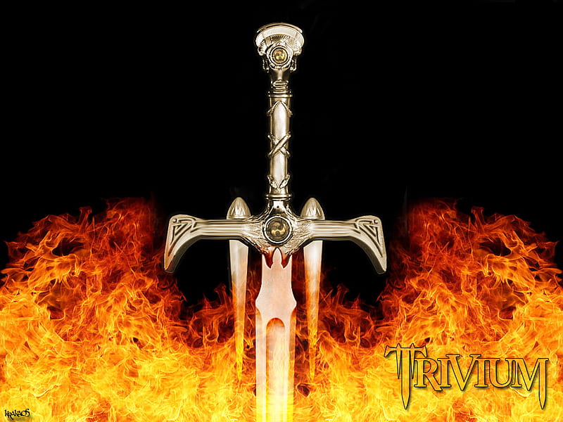 Trivium- Krakaos Sword In Fire, fire, music, band, trivium, sword, HD wallpaper