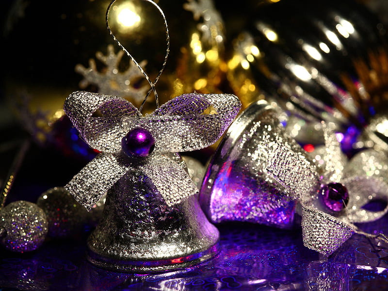 Bells, purple, beauty, new year, ribbons, silver, HD wallpaper