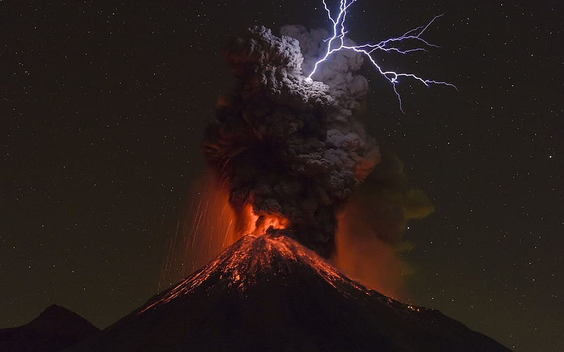 Volcan de Colima, volcanic eruption, night, lightning, natural phenomena, Colima Volcanic Complex, Jalisco, Mexico, active volcanoes, Earth, HD wallpaper