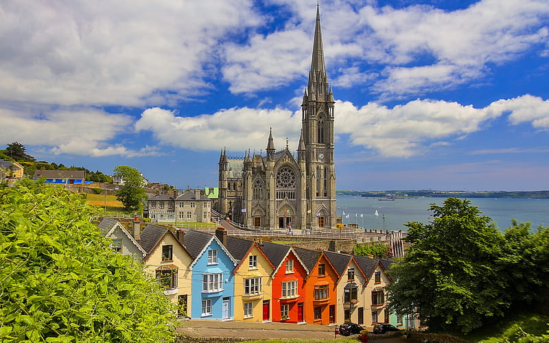 Cobh Cathedral, Cobh, Roman Catholic cathedral, Queenstown Cathedral, Cathedral Church of St Colman, Cobh cityscape, Landmark, Ireland, HD wallpaper