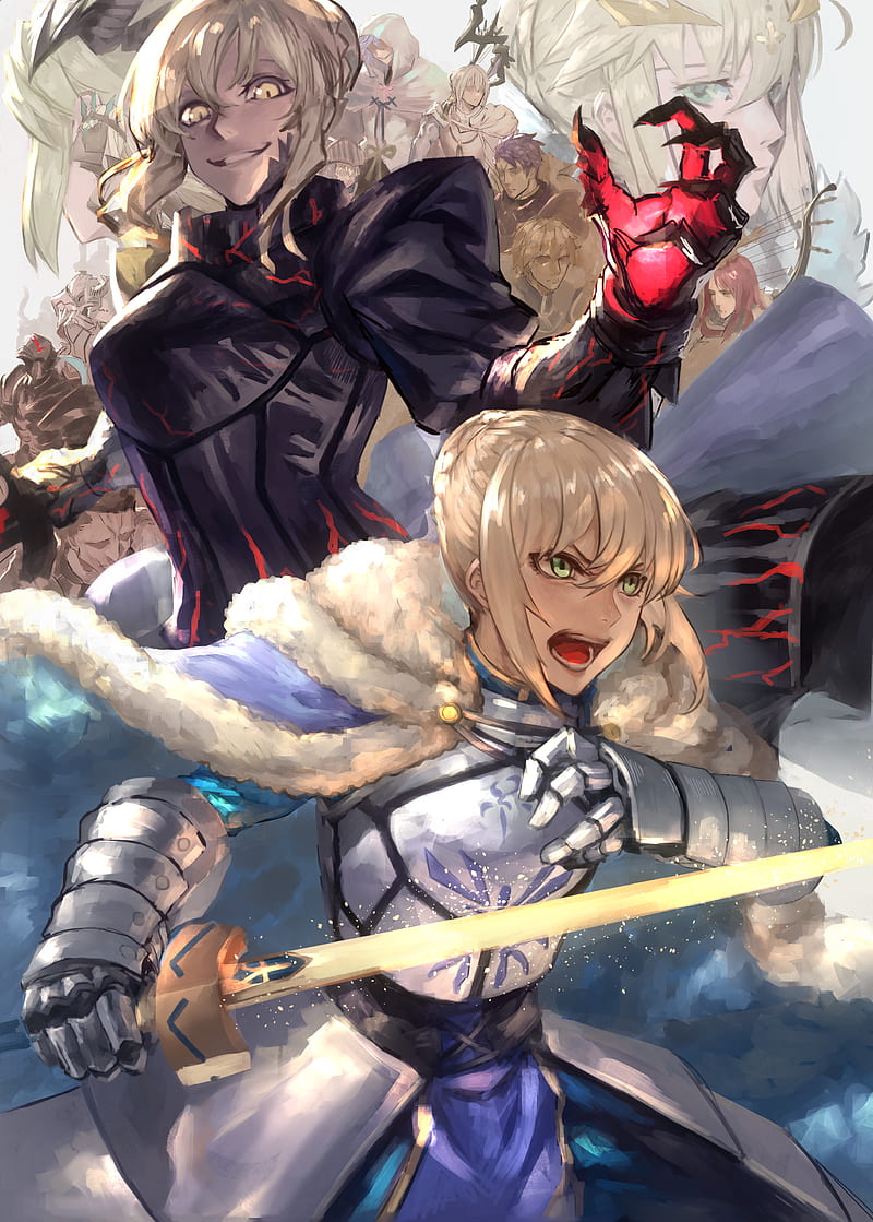 Fate Series, Fate/Stay Night, Fate/Grand Order, fate/stay night: heaven's feel, anime girls, fantasy weapon, fantasy armor, 2D, fan art, blond hair, smiling, Saber, Arturia Pendragon, green eyes, vertical, Saber of Red, Mordred (Fate/Apocrypha), Saber Alter, Arturia (Lancer), Bedivere (Fate/Grand Order), Caster (Fate/Zero), Berserker (Fate/Zero), HD phone wallpaper
