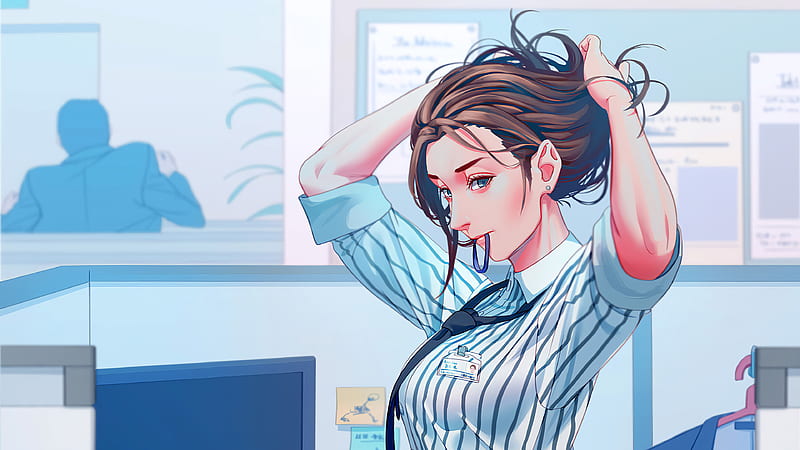 Office Anime Girl Adjusting Hairs , anime-girl, anime, artist, artwork, digital-art, fantasy-girls, artstation, HD wallpaper