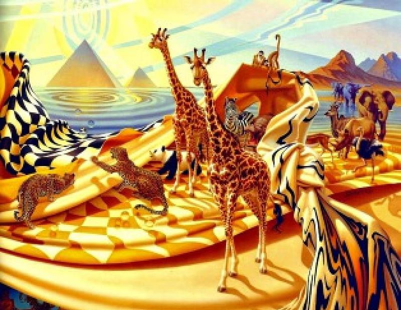 The revelation by Ilene Meyer, leopard, art, orange, abstract, africa, the revelation, animal, monkey, giraffes, water, ilene meyer, pyramid, blue, HD wallpaper
