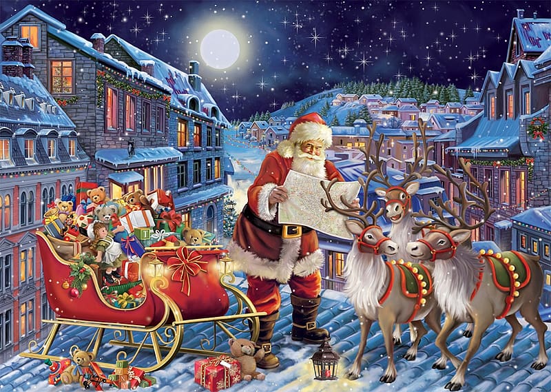Santa, night, winter, craciun, art, moon, reindeer, painting, christmas, pictura, snow, red, luna, map, HD wallpaper