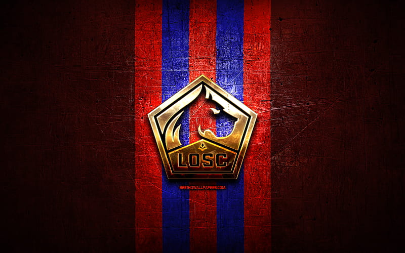 LOSC Lille, golden logo, Ligue 1, red metal background, football, french football club, LOSC Lille logo, soccer, France, HD wallpaper