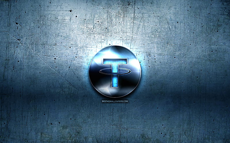 Tether metal logo, grunge, cryptocurrency, blue metal background, Tether, creative, Tether logo, HD wallpaper