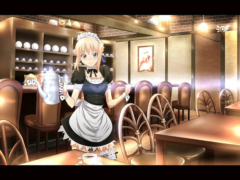 Fate Stay Cafe, saber, pretty, cafe, blond, restraurant, bonito, sweet, teapot, nice, fate stay night, waitress, anime, beauty, anime girl, chair, apron, long hair, bottles, light, table, female, lovely, ribbon, shelf, blonde, blonde hair, blond hair, girl, maid, ceiling, rack, HD wallpaper