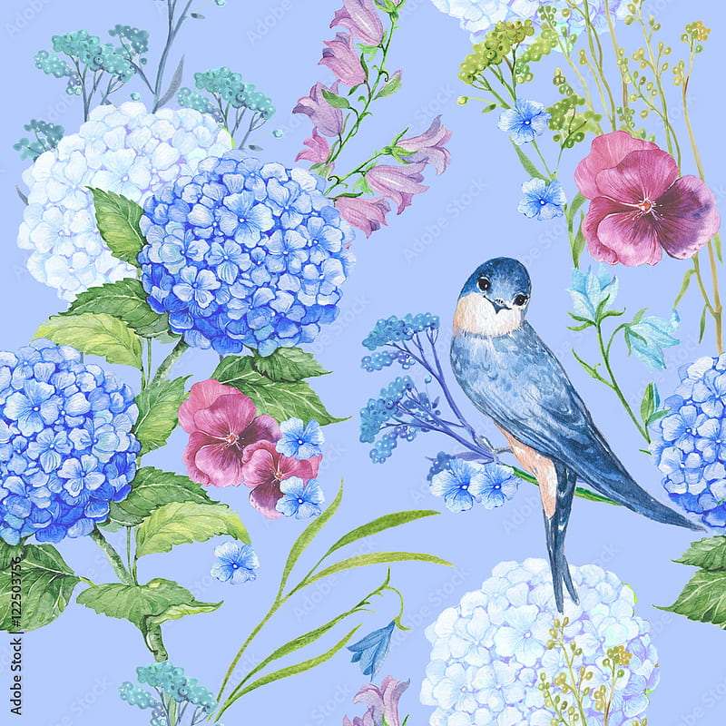seamless pattern for fabric , , illustration watercolors.Bird swallow flowers are blue hydrangea, bells, violets Stock Illustration. Adobe Stock, Watercolor Birds, HD phone wallpaper