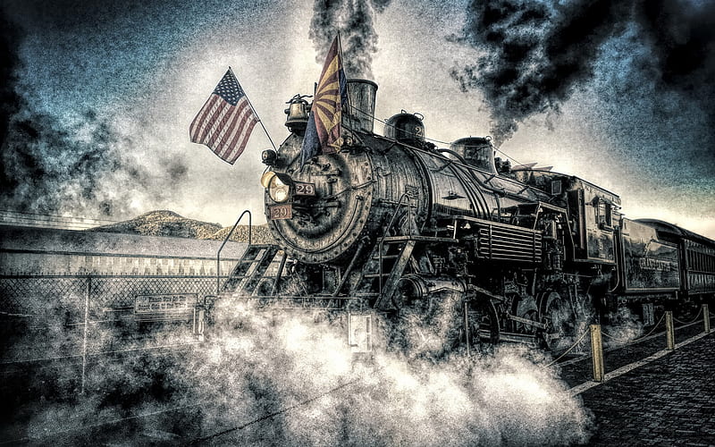old steam locomotive, American flag, USA, July 4, railway, US flag, HD wallpaper