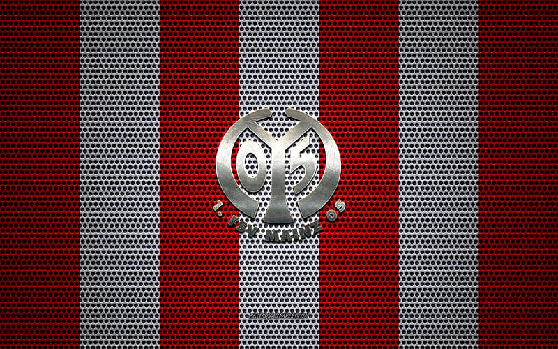 FSV Mainz 05 logo, German football club, metal emblem, red and white metal mesh background, FSV Mainz 05, Bundesliga, Mainz, Germany, football, HD wallpaper