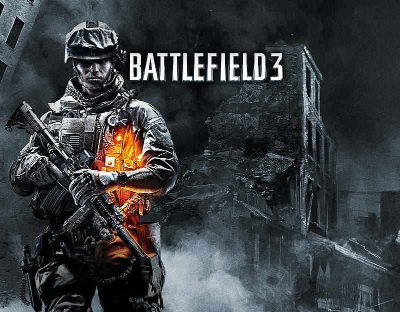 Battlefield 3, goggles, fall, house, glow, sight, game, grip, guns, xbox 360, nice, m4a1, sopmod, smoke, light, ps3, bf3, soldier, buildings, black, sky, weapons, cool, awesome, 2011, white, mask, equipment, rubble, pc, HD wallpaper