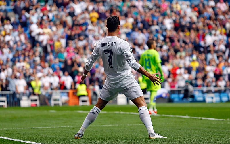 Cristiano Ronaldo, Real Madrid, traditional celebration of goals, La Liga, Spain, football star, stadium, football, Portuguese footballer, HD wallpaper