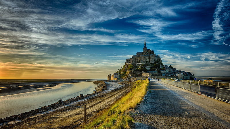 fabulous mont st michel in france, pier, island, clouds, monastery, sea, HD wallpaper